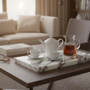 May include: A living room scene with a dark brown coffee table. On the table is a white teapot, two teacups, a glass pitcher of tea, a marble tray, books, and eyeglasses. A beige sofa and chair are in the background.
