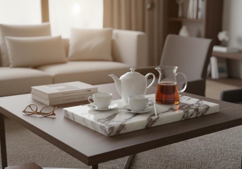 May include: A living room scene with a dark brown coffee table. On the table is a white teapot, two teacups, a glass pitcher of tea, a marble tray, books, and eyeglasses. A beige sofa and chair are in the background.
