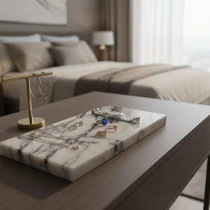May include: A marble jewelry tray with gold and silver jewelry, including a watch, rings, and a necklace. A gold earring stand holds two hoop earrings. The tray sits on a dark brown table in a bedroom setting.
