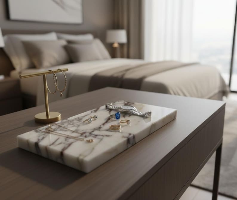 May include: A marble jewelry tray with gold and silver jewelry, including a watch, rings, and a necklace. A gold earring stand holds two hoop earrings. The tray sits on a dark brown table in a bedroom setting.