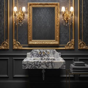 May include: A luxurious bathroom interior featuring a marble sink with gold fixtures, a large framed mirror, and ornate gold wall sconces. The walls are dark gray with decorative molding and wallpaper, creating an elegant and sophisticated atmosphere.