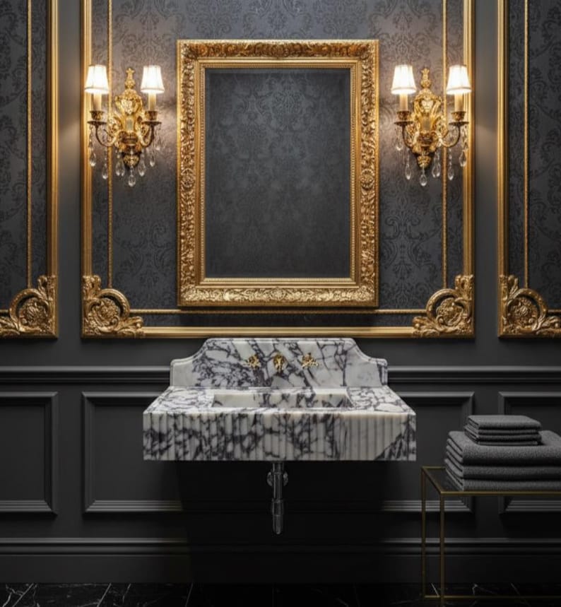 May include: A luxurious bathroom interior featuring a marble sink with gold fixtures, a large framed mirror, and ornate gold wall sconces. The walls are dark gray with decorative molding and wallpaper, creating an elegant and sophisticated atmosphere.