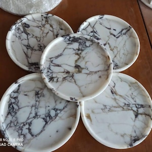 May include: Five white marble-patterned plates with dark gray and brown veining. The plates are round with a slightly raised edge. The plates are arranged in a circular pattern, showcasing the natural stone design.