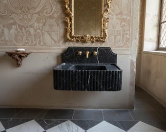Hand Carved Black Marble Wall Sink, Fluted Front, Custom Size