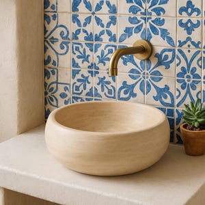 beige stone round sink, natural stone sink, bathroom decoration, luxury vanity travertine sink, round stone basin, vessel basin