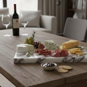 May include: A charcuterie board with various cheeses, sliced meats, grapes, figs, and crackers. A bottle of red wine and wine glasses are on the table. The board is on a wooden table in a well-lit room.