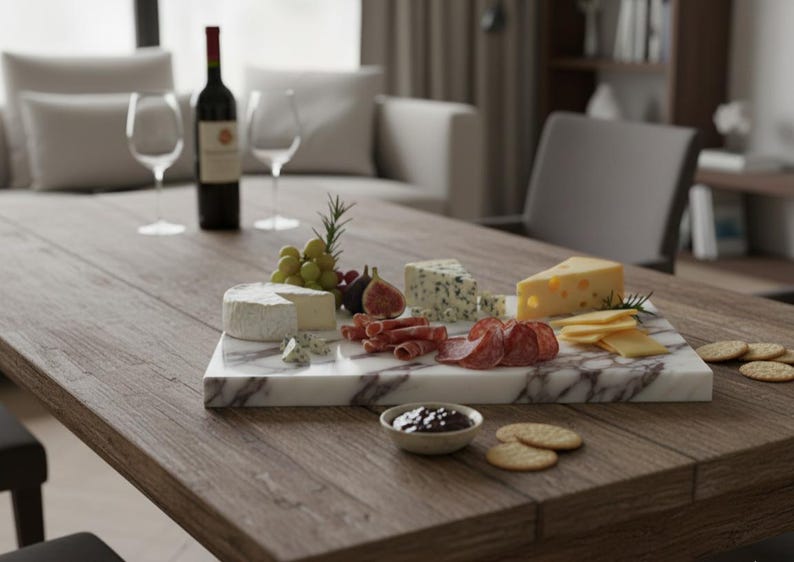 May include: A charcuterie board with various cheeses, sliced meats, grapes, figs, and crackers. A bottle of red wine and wine glasses are on the table. The board is on a wooden table in a well-lit room.