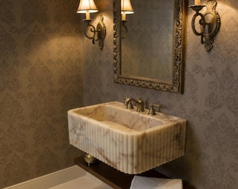 Custom Order Calacatta Gold Marble Fluted Texture Detail Sink