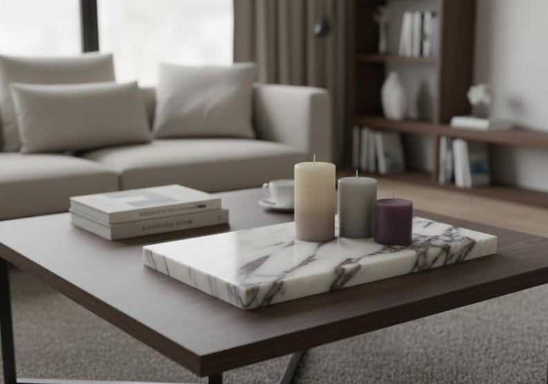 May include: A living room scene featuring a dark wood coffee table with a marble tray holding three pillar candles in cream, gray, and purple. Two books are stacked on the table, and a sofa is in the background.