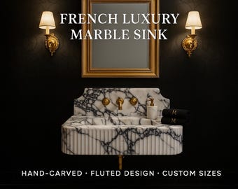 Natural Calacatta Viola Marble Wall-Mounted Sink with Deep Fluted Front