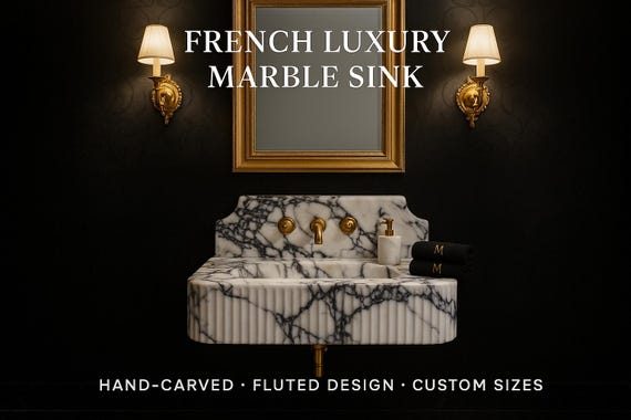 Natural Calacatta Viola Marble Wall-Mounted Sink with Deep Fluted Front