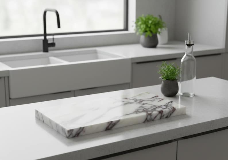 May include: A rectangular marble cutting board with white and burgundy veining sits on a kitchen countertop. A clear glass bottle with a metal spout and a small potted plant are next to the board. A sink and window are in the background.