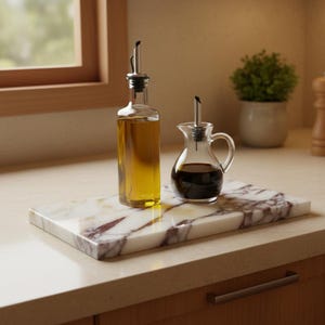 May include: A clear glass bottle filled with yellow liquid and a small glass pitcher filled with dark liquid sit on a marble serving board. The board has a white and burgundy pattern. Kitchenware.