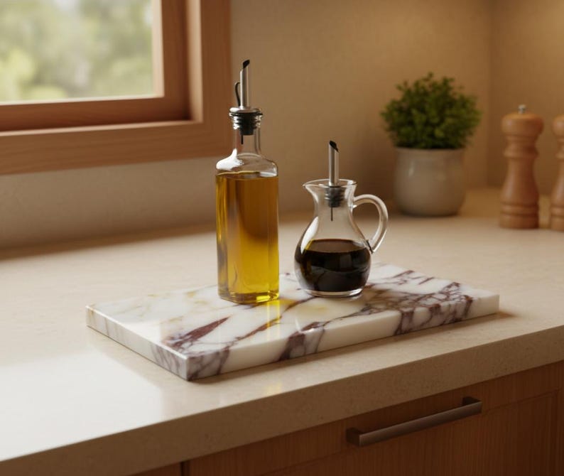 May include: A clear glass bottle filled with yellow liquid and a small glass pitcher filled with dark liquid sit on a marble serving board. The board has a white and burgundy pattern. Kitchenware.