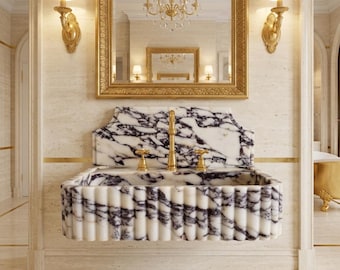Lavabo mural de mármol Calacatta Viola natural de 22x16x6 pulgadas con vetas moradas y frontal estriado profundo, listo para enviar.