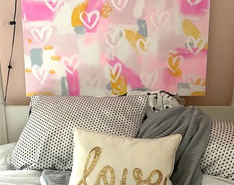 Pink Sunshine Hearts  Modern Abstract Canvas Painting | Best Friend Gift | Preppy Wall Art | Event Keepsake| Trendy Aesthetic