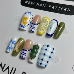 Mediterranean Lemon Press On Nails, Amalfi Coast Blue Tile Nails, Hand Painted Olive Nails, Italian Summer Aesthetic Nails