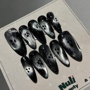 Halloween Ghost Press On Nails: Black Silver Shimmer Spooky Nail Art