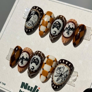 Gothic Halloween Press On Nails | Black Cat, Moon, Witchy Nail Art | Vintage Brown Checkerboard Handmade Fake Nail Set