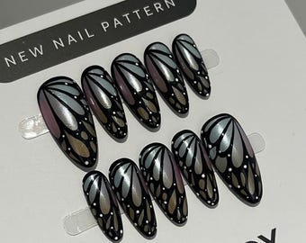 Butterfly Wing Press On Nails, Gothic Chrome Cat Eye Almond Nail Set