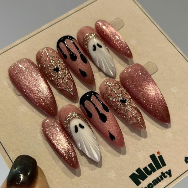 Halloween Ghost Press On Nails | Pink Glitter Glam Nails | Spooky Cute Fake Nails with Web & Drip Design | Almond Set