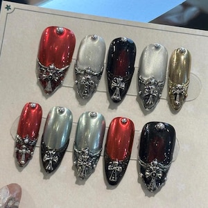Gothic Press On Nails Black Red Gold | Skull Cross Nail Art | Luxury Reusable Handmade Nails | Rock Chic Alternative Nails
