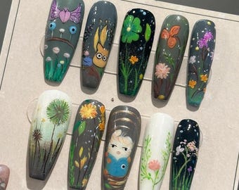 Totoro Forest Press On Nails: Handgemalte Ghibli Nail Art