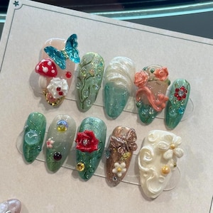 Fairy Forest Press On Nails – 3D Mushroom Butterfly Nails – Whimsical Nature Nail Art – Fantasy Woodland Nails – Handmade Cottagecore Nails
