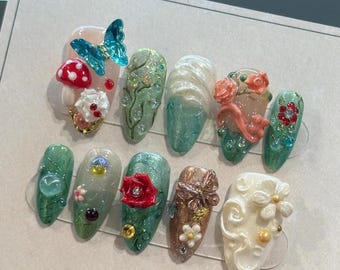3D Mushroom & Butterfly Press On Nails: Fairy Forest Cottagecore