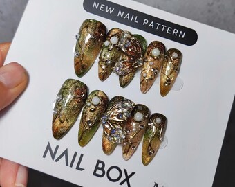 Handgemachte Olivgrün und Gold Press On Nails, Pearl und Foil Nail Art