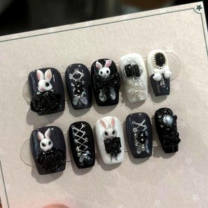 Gothic Bunny Press On Nails – Black & White 3D Halloween Nails, Lolita Style Fake Nails with Charms, Harajuku Alt Nails Set