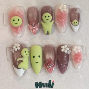 Smiski 3D Press-On Nails | Cute Green Character Nail Art | Pink & Brown Swirl with Flowers | Handmade Kawaii Nail Set by Nuli