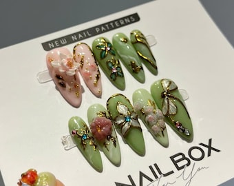 Sage Green Press On Nails: 3D Floral Gold Foil, Handmade Almond Gel Nail Art