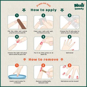 May include: A step-by-step guide for applying and removing press-on nails. The image shows instructions with illustrations and text, including filing, cleaning, applying glue, and soaking in warm water. The brand name "Nuli beauty" is visible.
