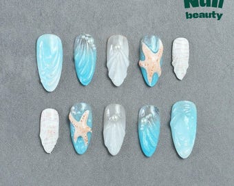 3D Starfish Press On Nails: Coastal Pearl Beach Nail Art
