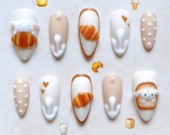 Bäckerei Press On Nails: Kawaii Croissant, Teddybär 3D Nail Art Set