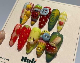 3D Cartoon Press On Nails: Kawaii Stiletto Nail Set