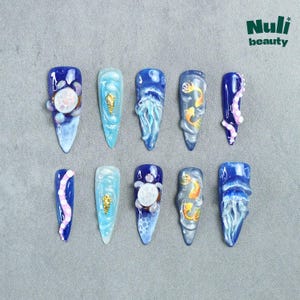 Reusable Ocean Blue Stiletto Press On Nails – 3D Turtles, Jellyfish & Seashells, Handmade Underwater Nail Art, Durable Unique Set