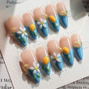 Lemon Daisy French Tip Almond Press On Nails, 3D Fruit Nail Art