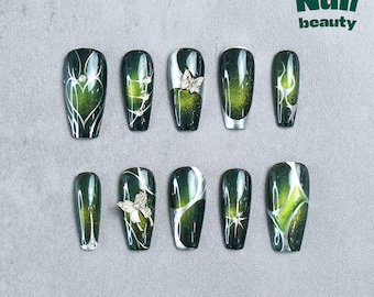 Emerald Cat Eye Press On Nails: 3D Butterfly, Silver Chrome Stiletto