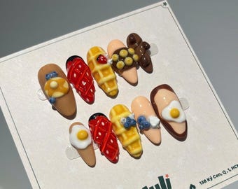 Uñas postizas con diseño de comida de desayuno en 3D: Arte de uñas kawaii para amantes de la comida
