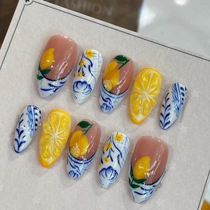 Lemon Tile Press On Nails – Blue Floral & Citrus Design, Mediterranean-Inspired Handmade Nail Set, Reusable Summer Gift for Her