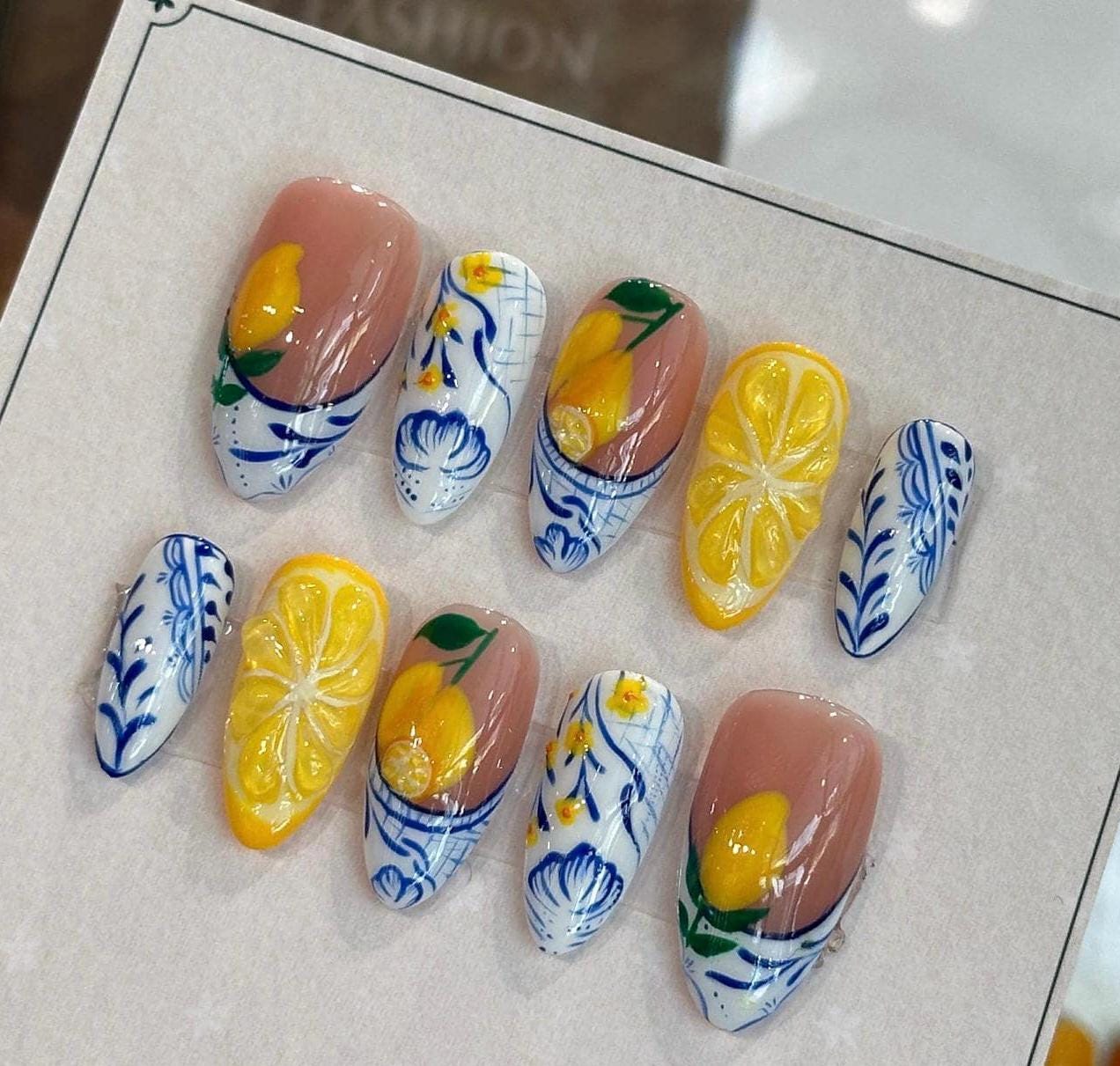 ＿nail〻〻 Lemon Tile Press on Nails: Mediterranean Floral Citrus, Reusable