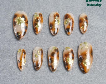 Tortoise Shell Press On Nails: Gold Flake Handmade Nail Art