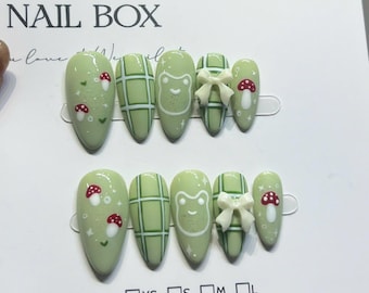 Green Mushroom Press On Nails: Cottagecore 3D Bow Almond Nail Set