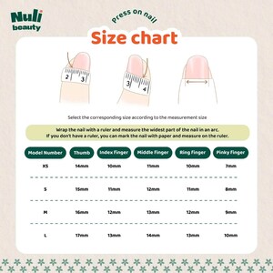 May include: A size chart for press-on nails, featuring illustrations of how to measure nail size. The chart includes measurements in millimeters for thumb, index, middle, ring, and pinky fingers, with sizes ranging from XS to L.