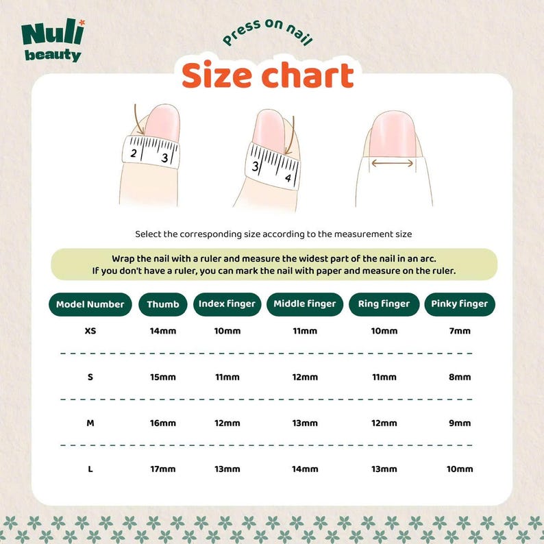 May include: A size chart for press-on nails, featuring illustrations of how to measure nail size. The chart includes measurements in millimeters for thumb, index, middle, ring, and pinky fingers, with sizes ranging from XS to L.