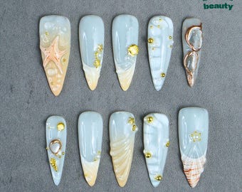 Uñas postizas Mermaidcore: Arte acuático 3D, estrellas de mar - Set pastel de verano