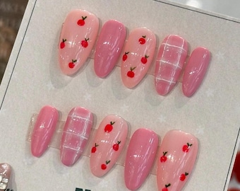 Pink Cherry Plaid Press On Nails: Kawaii Handmade Reusable Nail Art