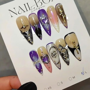 Luxury Purple Gothic Press On Nails, Gold Chrome Nails, 3D Heart Nail Art, Cross Charm Nails, Long Stiletto Press On Nails